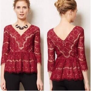 Anthropologie Maeve Needle Lace Peplum Top Burgundy Vneck S